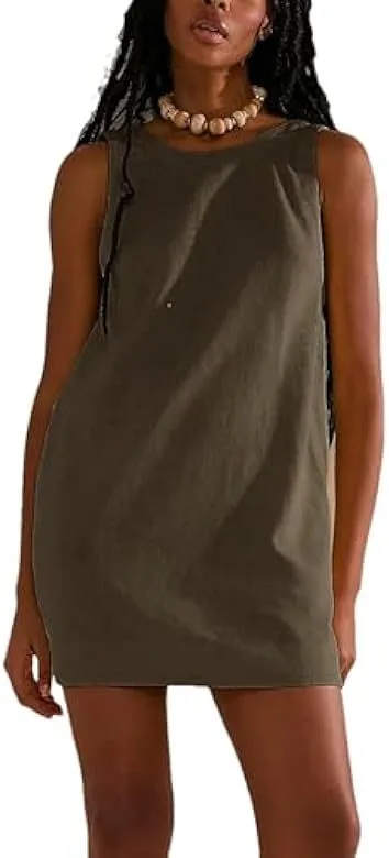 Women Summer Round Neck Sleeveless Backless Dress Casual Beach Sunny Cotton Linen Mini Dress display picture 11