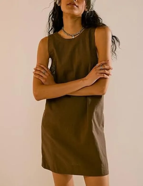 Women Summer Round Neck Sleeveless Backless Dress Casual Beach Sunny Cotton Linen Mini Dress display picture 13