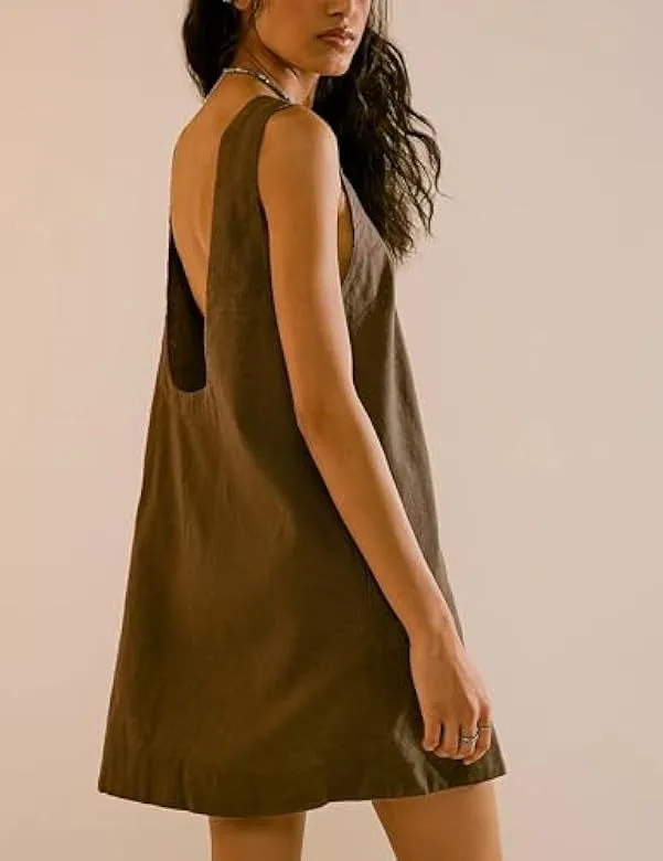 Women Summer Round Neck Sleeveless Backless Dress Casual Beach Sunny Cotton Linen Mini Dress display picture 14