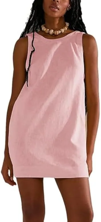 Women Summer Round Neck Sleeveless Backless Dress Casual Beach Sunny Cotton Linen Mini Dress display picture 15