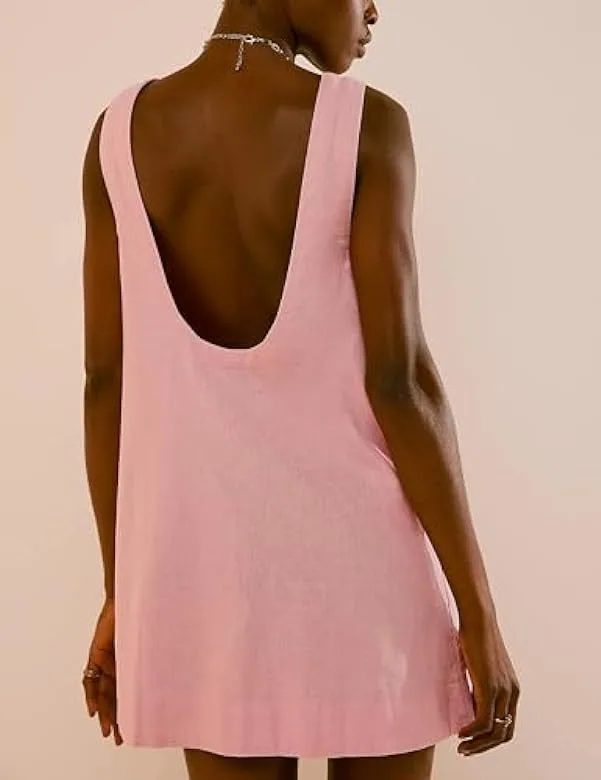Women Summer Round Neck Sleeveless Backless Dress Casual Beach Sunny Cotton Linen Mini Dress display picture 18