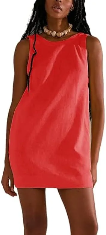 Women Summer Round Neck Sleeveless Backless Dress Casual Beach Sunny Cotton Linen Mini Dress display picture 19