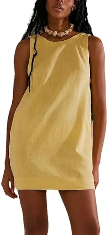 Women Summer Round Neck Sleeveless Backless Dress Casual Beach Sunny Cotton Linen Mini Dress display picture 23