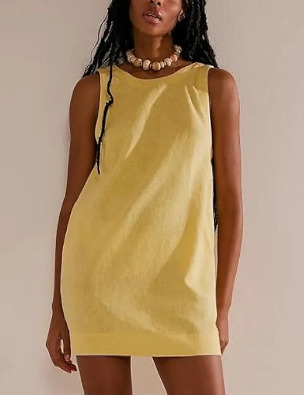 Women Summer Round Neck Sleeveless Backless Dress Casual Beach Sunny Cotton Linen Mini Dress display picture 24