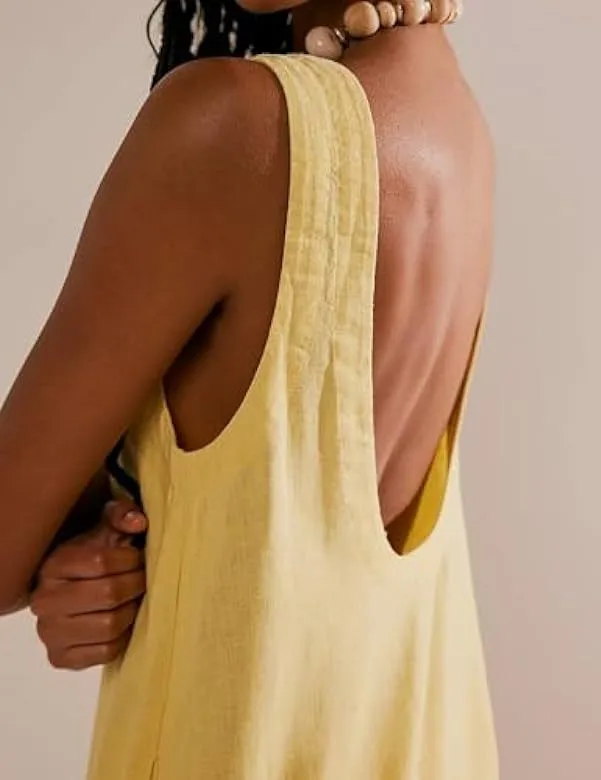Women Summer Round Neck Sleeveless Backless Dress Casual Beach Sunny Cotton Linen Mini Dress display picture 25