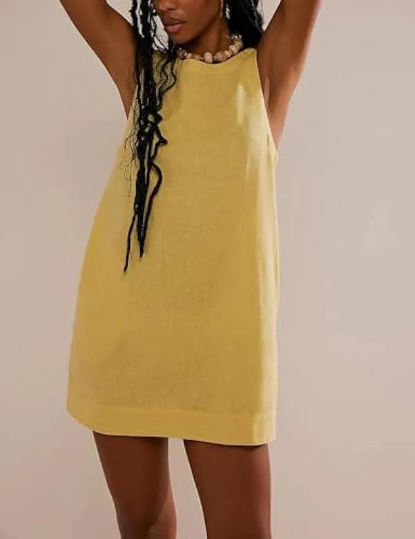 Women Summer Round Neck Sleeveless Backless Dress Casual Beach Sunny Cotton Linen Mini Dress display picture 26