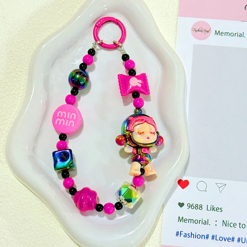 New Contrast Color Cartoon Doll Beaded Mobile Phone Chain Bag Hanging Bead Chain Keychain Accessories Live Same Style Hanging Chain display picture 4