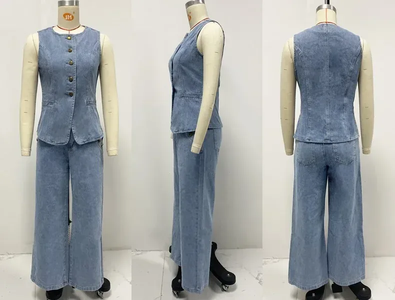 Fashion Temperament New Button Sleeveless Vest Wide-leg Jeans Denim Suit  In Stock display picture 6