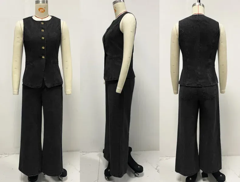 Fashion Temperament New Button Sleeveless Vest Wide-leg Jeans Denim Suit  In Stock display picture 7