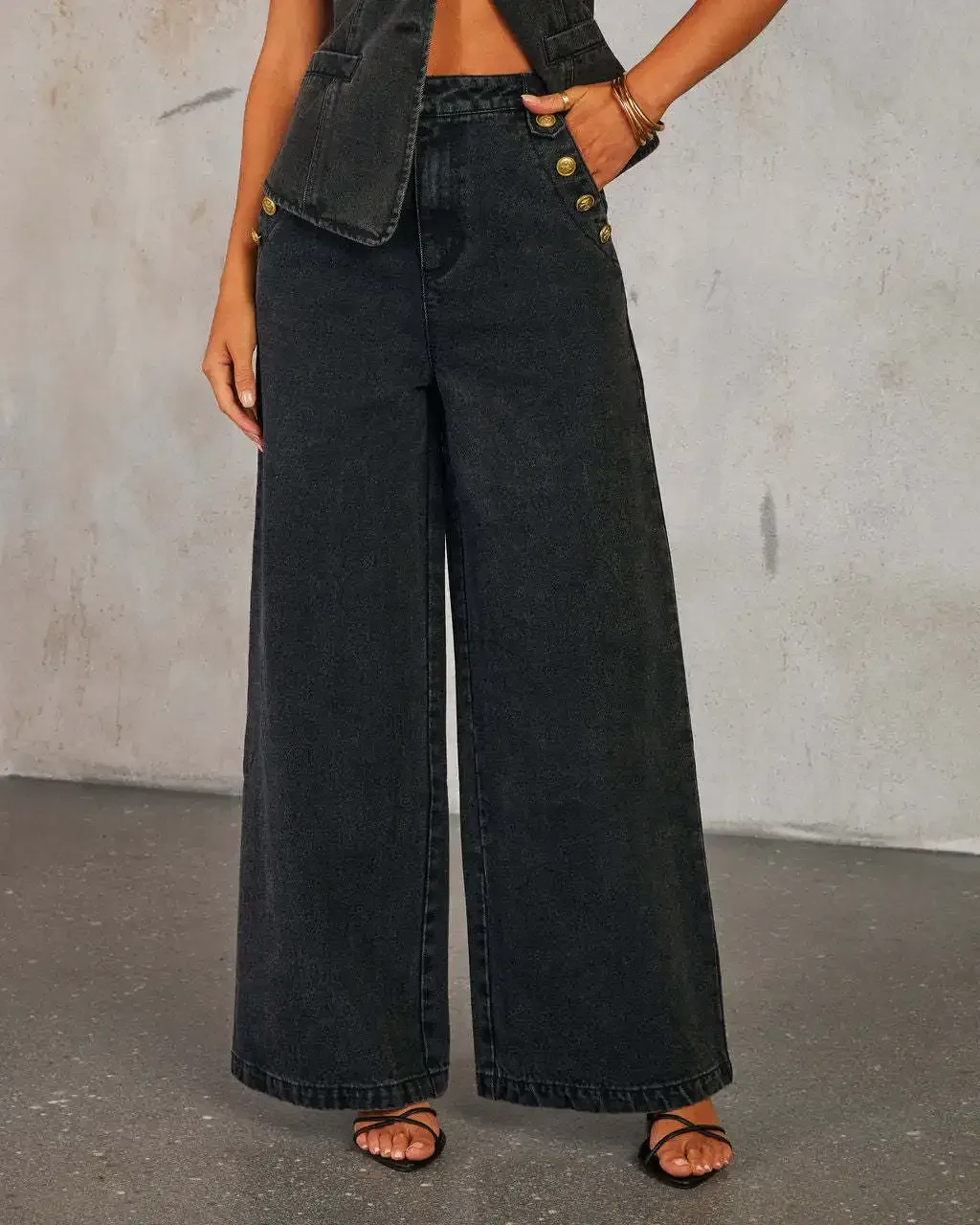 Fashion Temperament New Button Sleeveless Vest Wide-leg Jeans Denim Suit  In Stock display picture 24