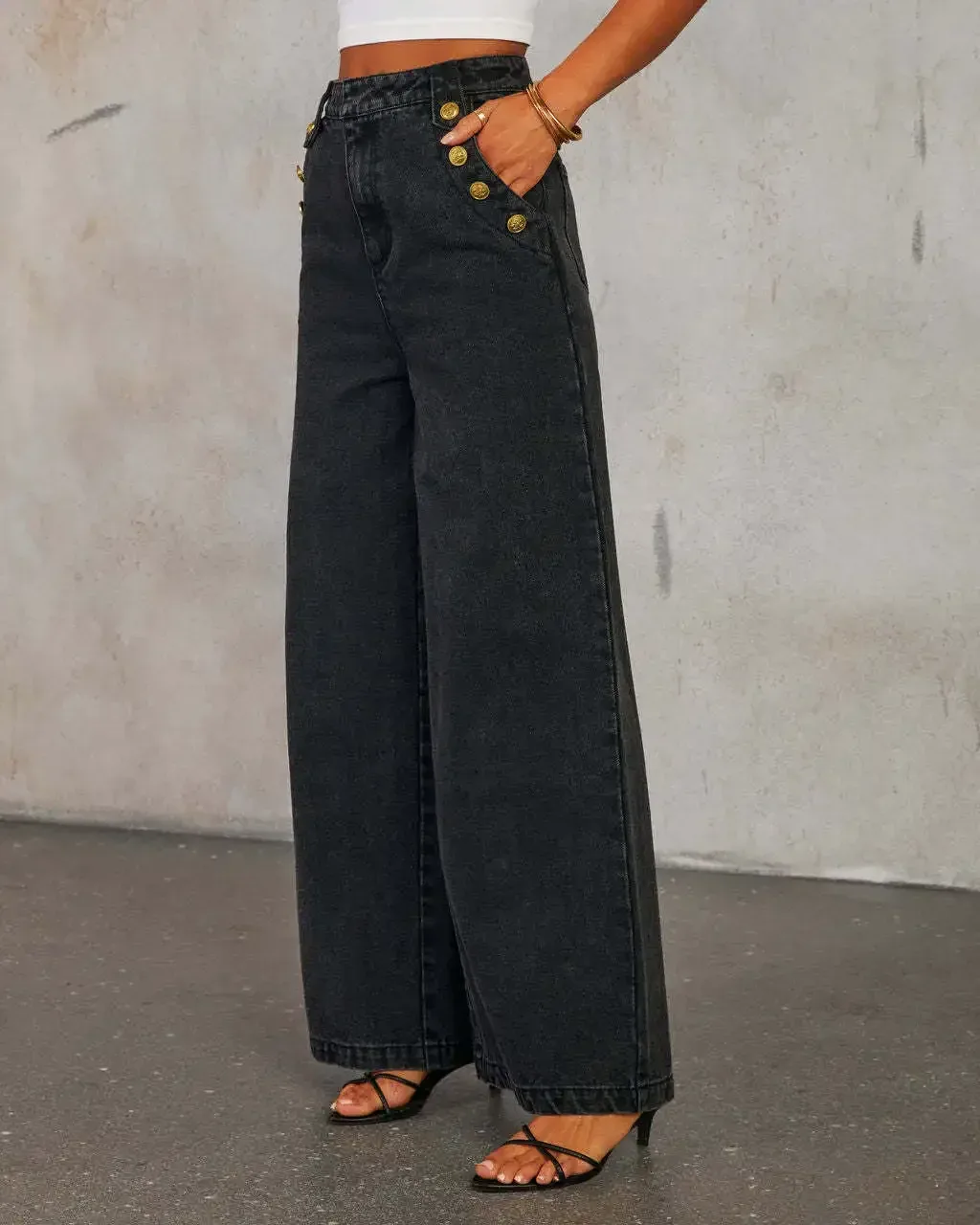 Fashion Temperament New Button Sleeveless Vest Wide-leg Jeans Denim Suit  In Stock display picture 28