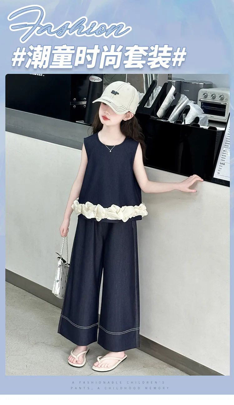 Girls Summer Suit  New Big Children's Western Style New Thin Sleeveless Tencel Denim Two-piece Set For Little Girls display picture 1