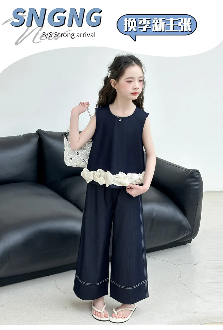 Girls Summer Suit  New Big Children's Western Style New Thin Sleeveless Tencel Denim Two-piece Set For Little Girls display picture 2