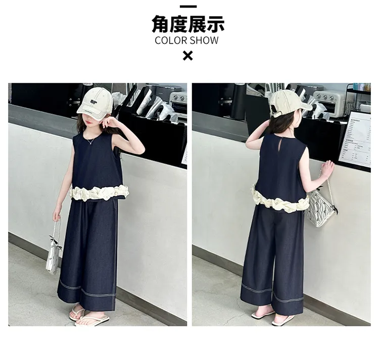 Girls Summer Suit  New Big Children's Western Style New Thin Sleeveless Tencel Denim Two-piece Set For Little Girls display picture 8