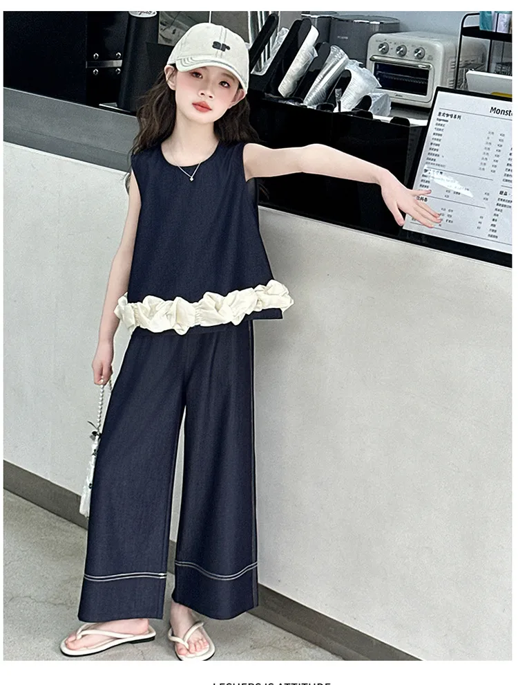 Girls Summer Suit  New Big Children's Western Style New Thin Sleeveless Tencel Denim Two-piece Set For Little Girls display picture 10