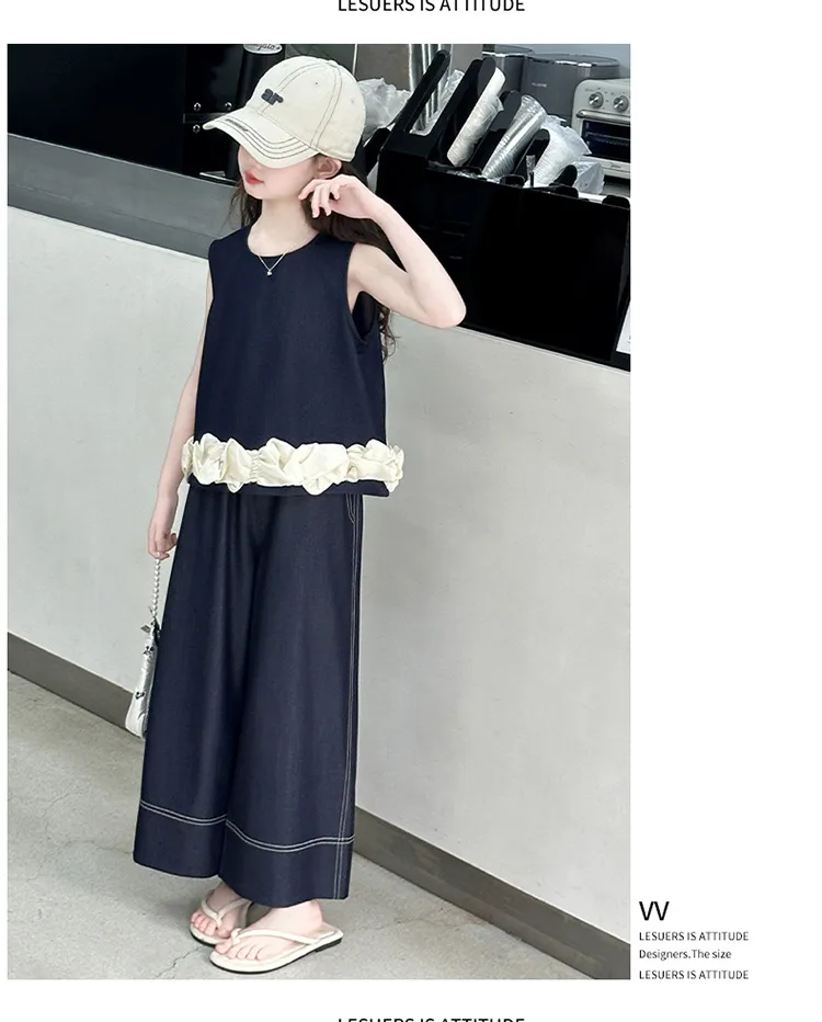 Girls Summer Suit  New Big Children's Western Style New Thin Sleeveless Tencel Denim Two-piece Set For Little Girls display picture 11