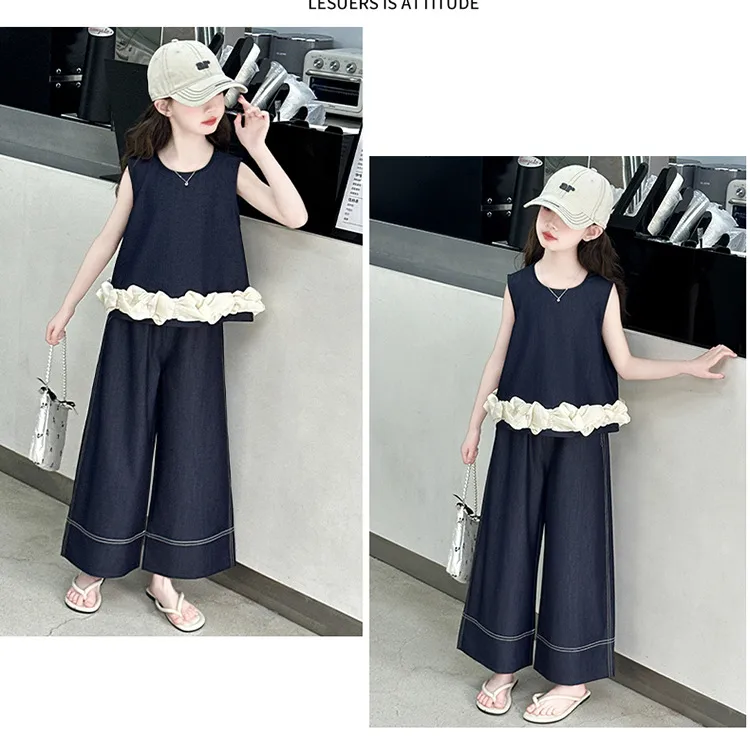 Girls Summer Suit  New Big Children's Western Style New Thin Sleeveless Tencel Denim Two-piece Set For Little Girls display picture 12