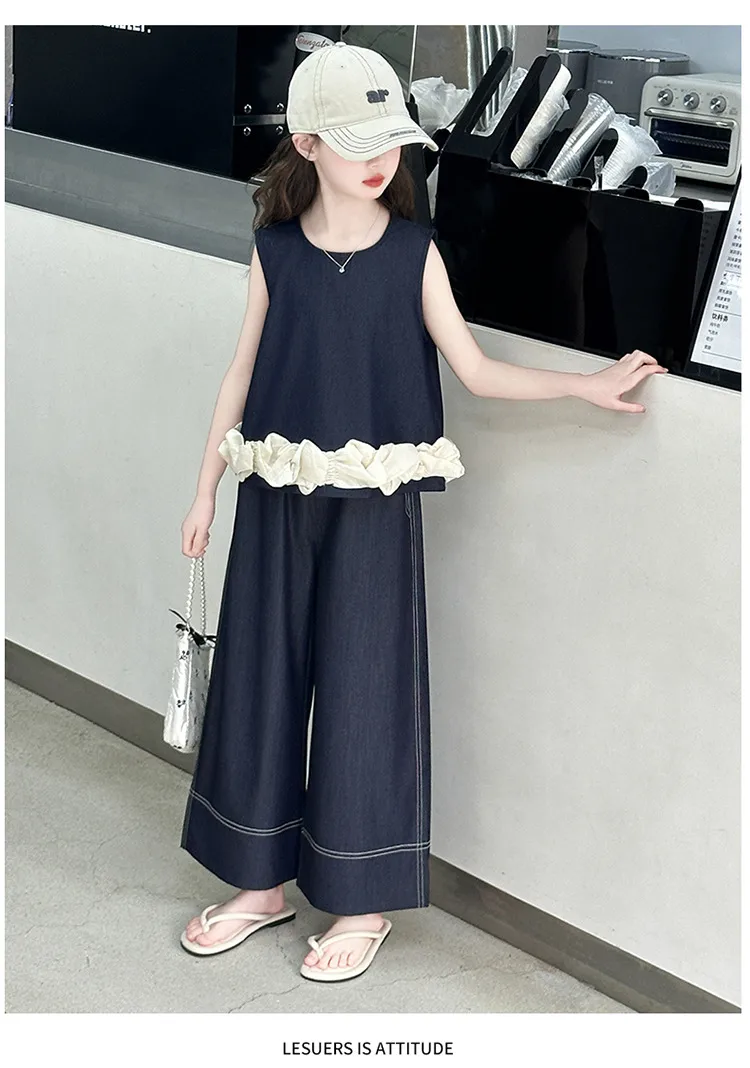 Girls Summer Suit  New Big Children's Western Style New Thin Sleeveless Tencel Denim Two-piece Set For Little Girls display picture 13