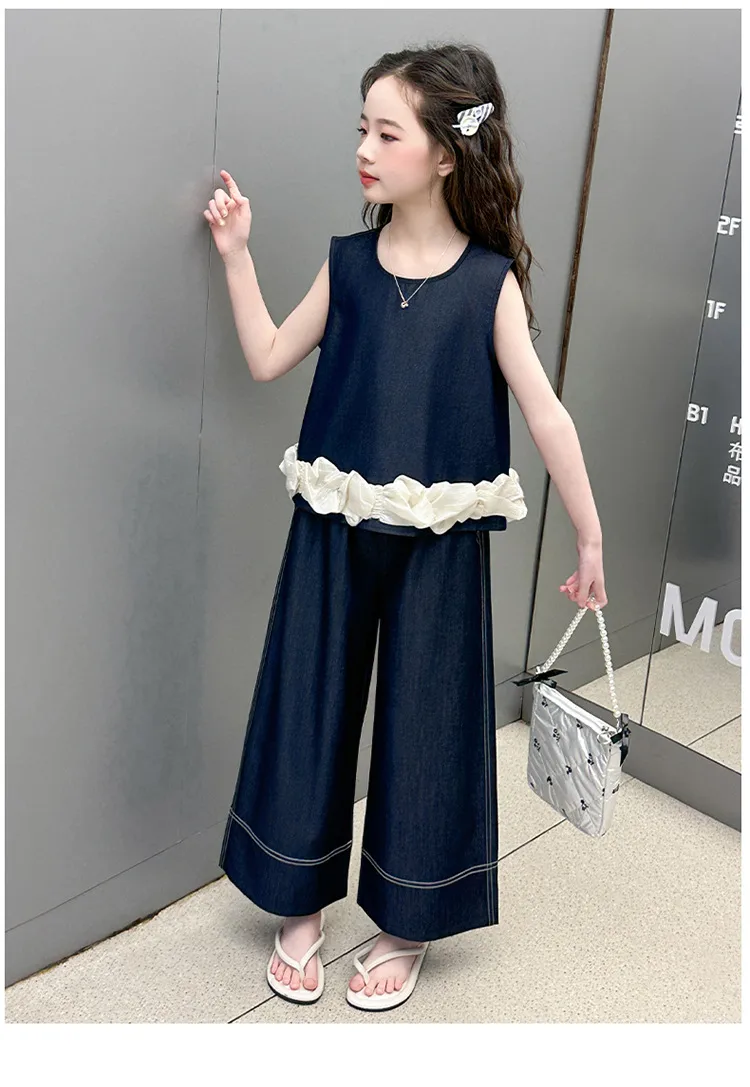 Girls Summer Suit  New Big Children's Western Style New Thin Sleeveless Tencel Denim Two-piece Set For Little Girls display picture 17