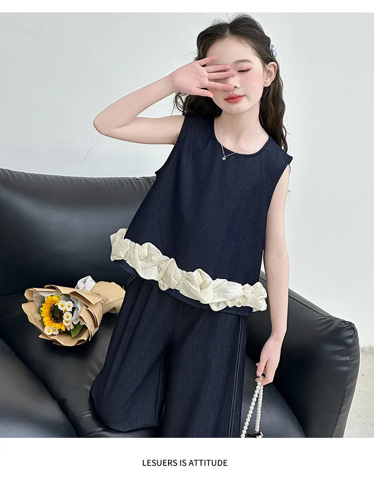 Girls Summer Suit  New Big Children's Western Style New Thin Sleeveless Tencel Denim Two-piece Set For Little Girls display picture 18