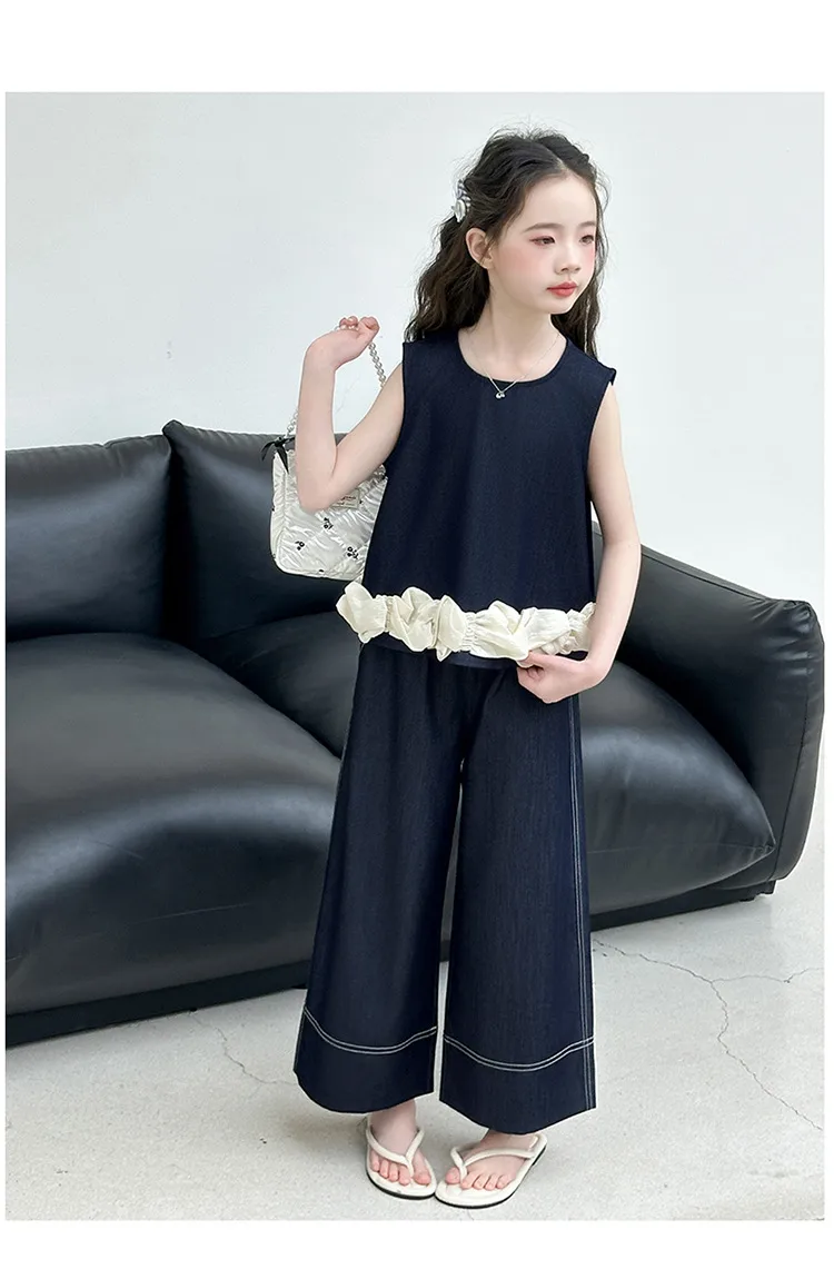 Girls Summer Suit  New Big Children's Western Style New Thin Sleeveless Tencel Denim Two-piece Set For Little Girls display picture 20