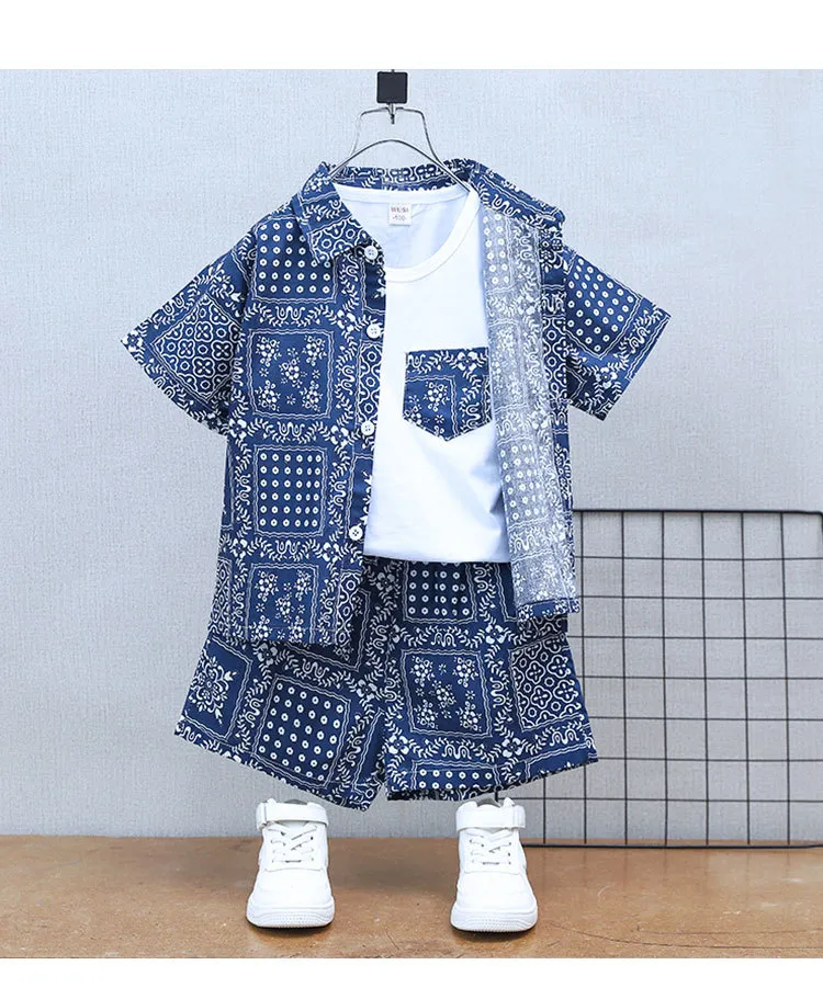 Boys' Summer Short-sleeved Suit  New Baby Online Popular Casual Clothes Children's Holiday Style Shirt Three-piece Set display picture 7