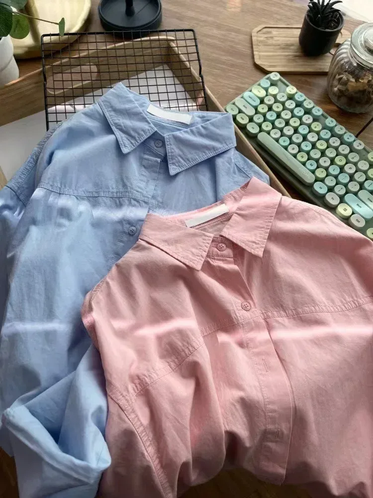 Plus Size Women's Clothing Summer Blue Pure Cotton Shirt Women's Slimming All-match Stacked Base Inner Shirt Long-sleeved Top display picture 3