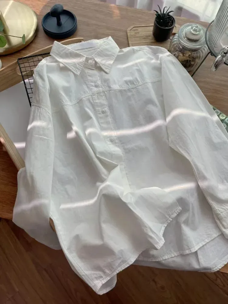 Plus Size Women's Clothing Summer Blue Pure Cotton Shirt Women's Slimming All-match Stacked Base Inner Shirt Long-sleeved Top display picture 5