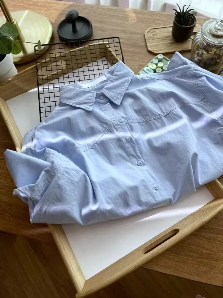 Plus Size Women's Clothing Summer Blue Pure Cotton Shirt Women's Slimming All-match Stacked Base Inner Shirt Long-sleeved Top display picture 7