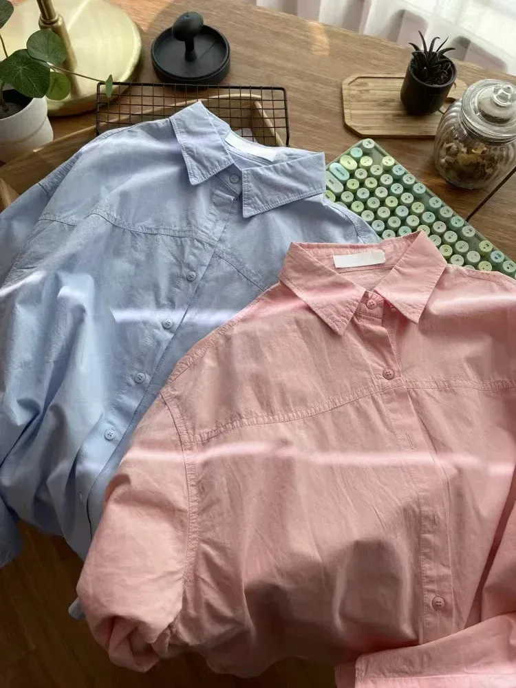 Plus Size Women's Clothing Summer Blue Pure Cotton Shirt Women's Slimming All-match Stacked Base Inner Shirt Long-sleeved Top display picture 8