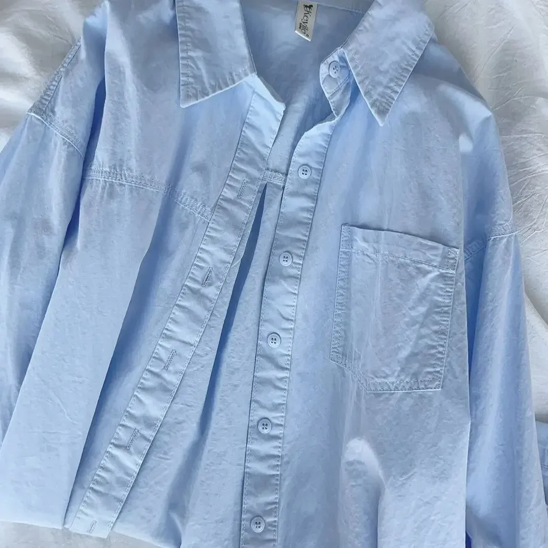 Plus Size Women's Clothing Summer Blue Pure Cotton Shirt Women's Slimming All-match Stacked Base Inner Shirt Long-sleeved Top display picture 25