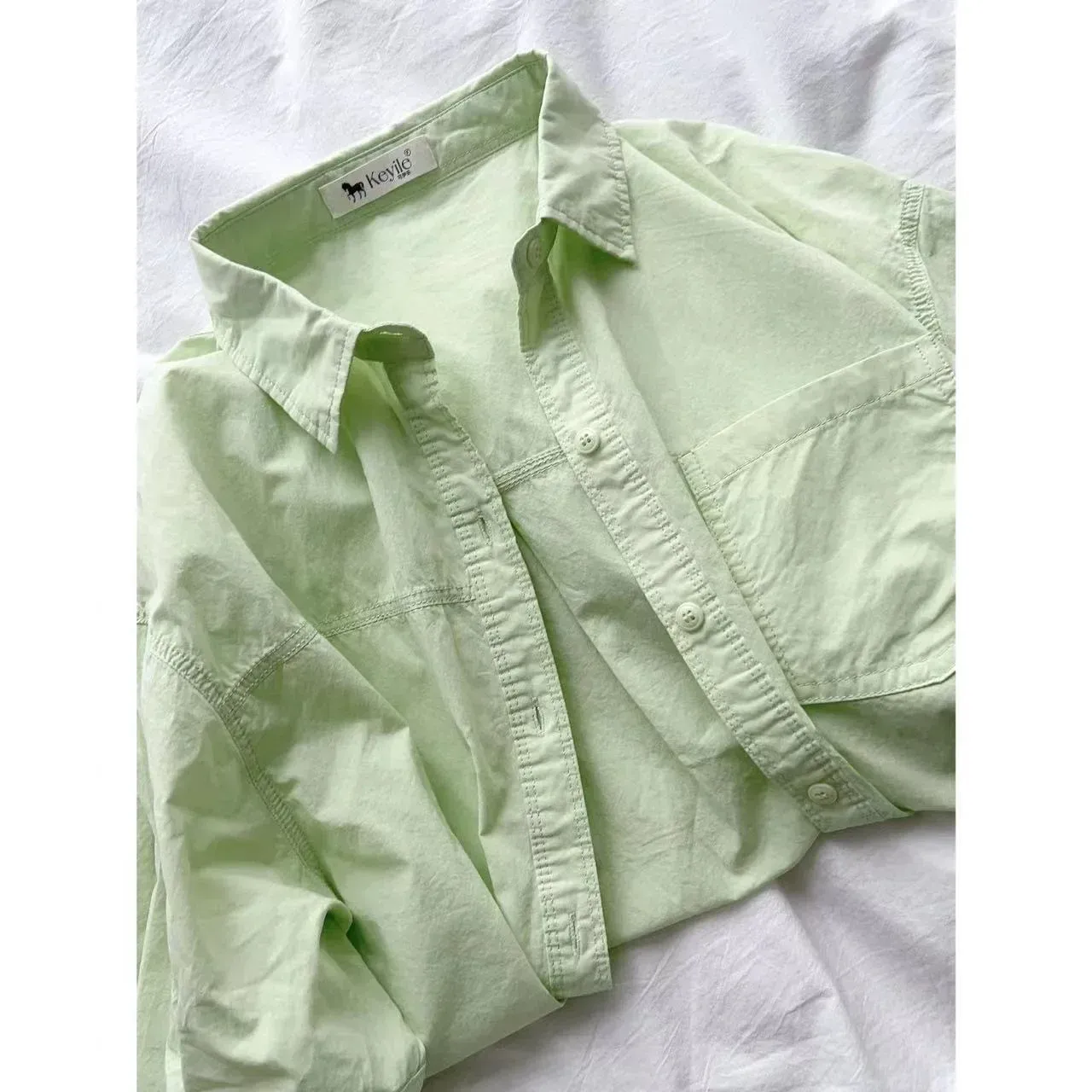 Plus Size Women's Clothing Summer Blue Pure Cotton Shirt Women's Slimming All-match Stacked Base Inner Shirt Long-sleeved Top display picture 32