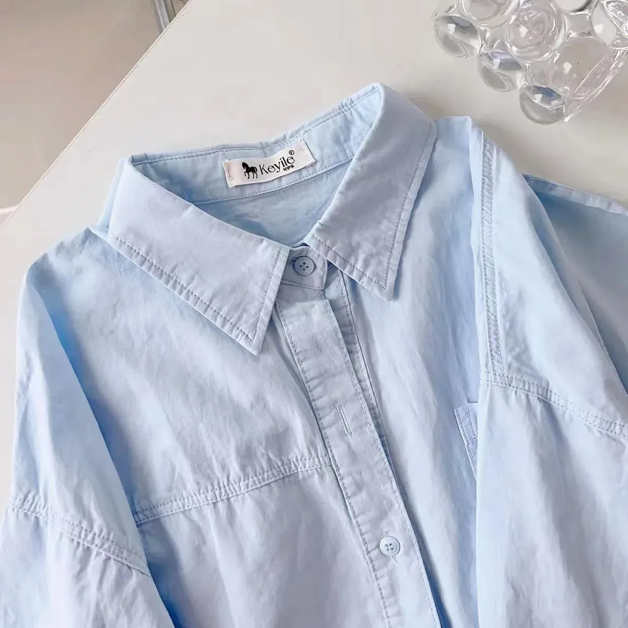 Plus Size Women's Clothing Summer Blue Pure Cotton Shirt Women's Slimming All-match Stacked Base Inner Shirt Long-sleeved Top display picture 33