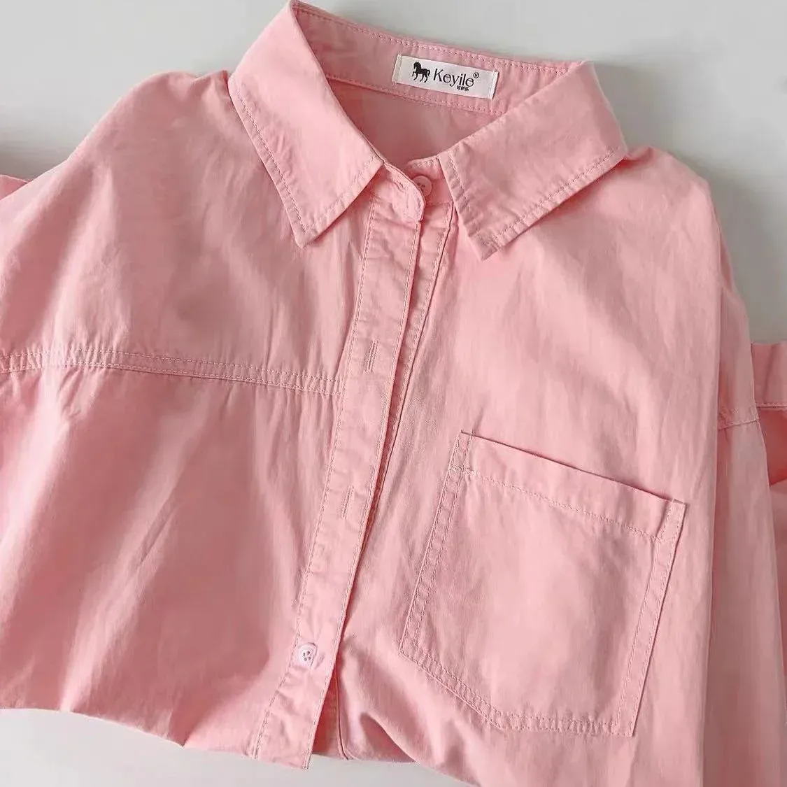Plus Size Women's Clothing Summer Blue Pure Cotton Shirt Women's Slimming All-match Stacked Base Inner Shirt Long-sleeved Top display picture 34