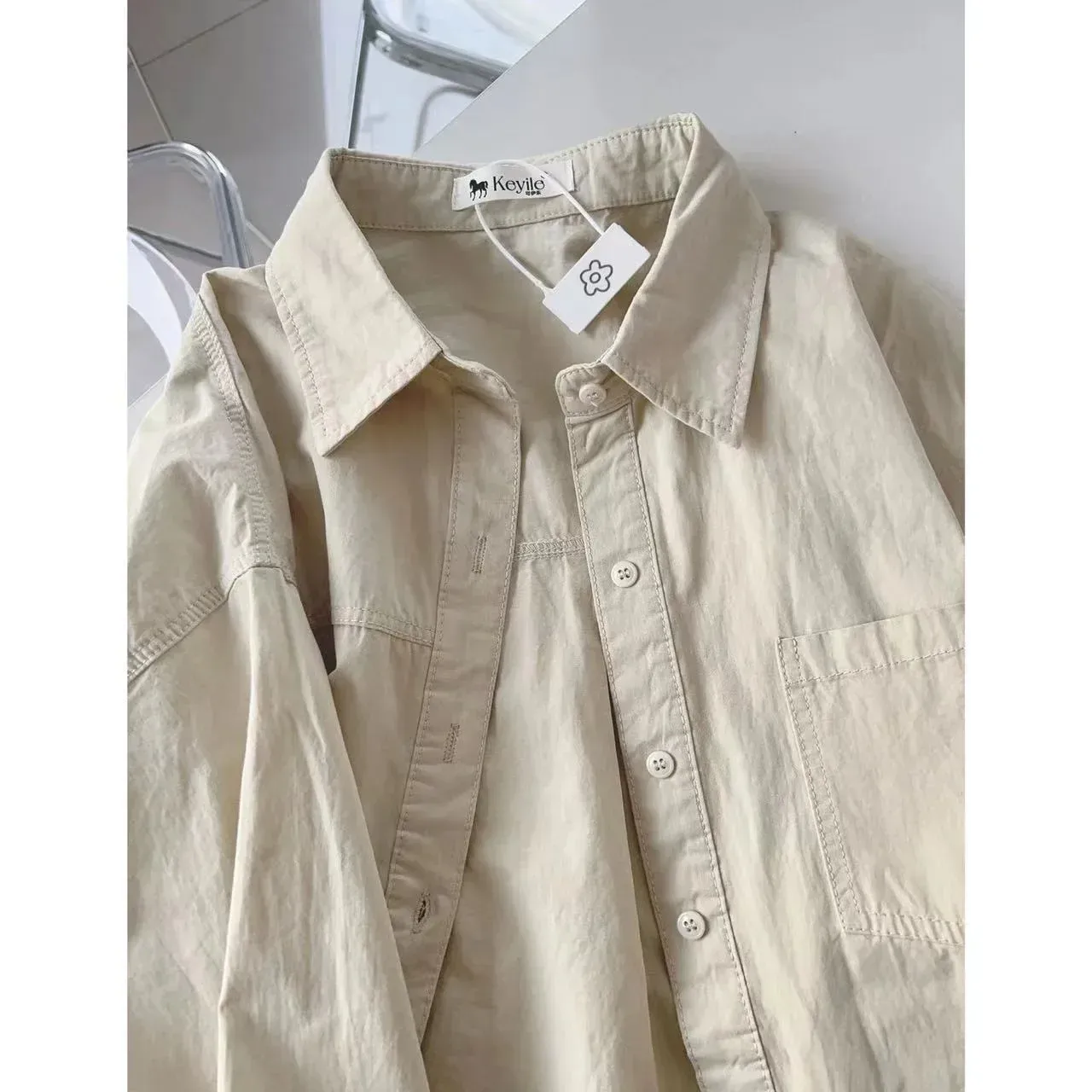 Plus Size Women's Clothing Summer Blue Pure Cotton Shirt Women's Slimming All-match Stacked Base Inner Shirt Long-sleeved Top display picture 35