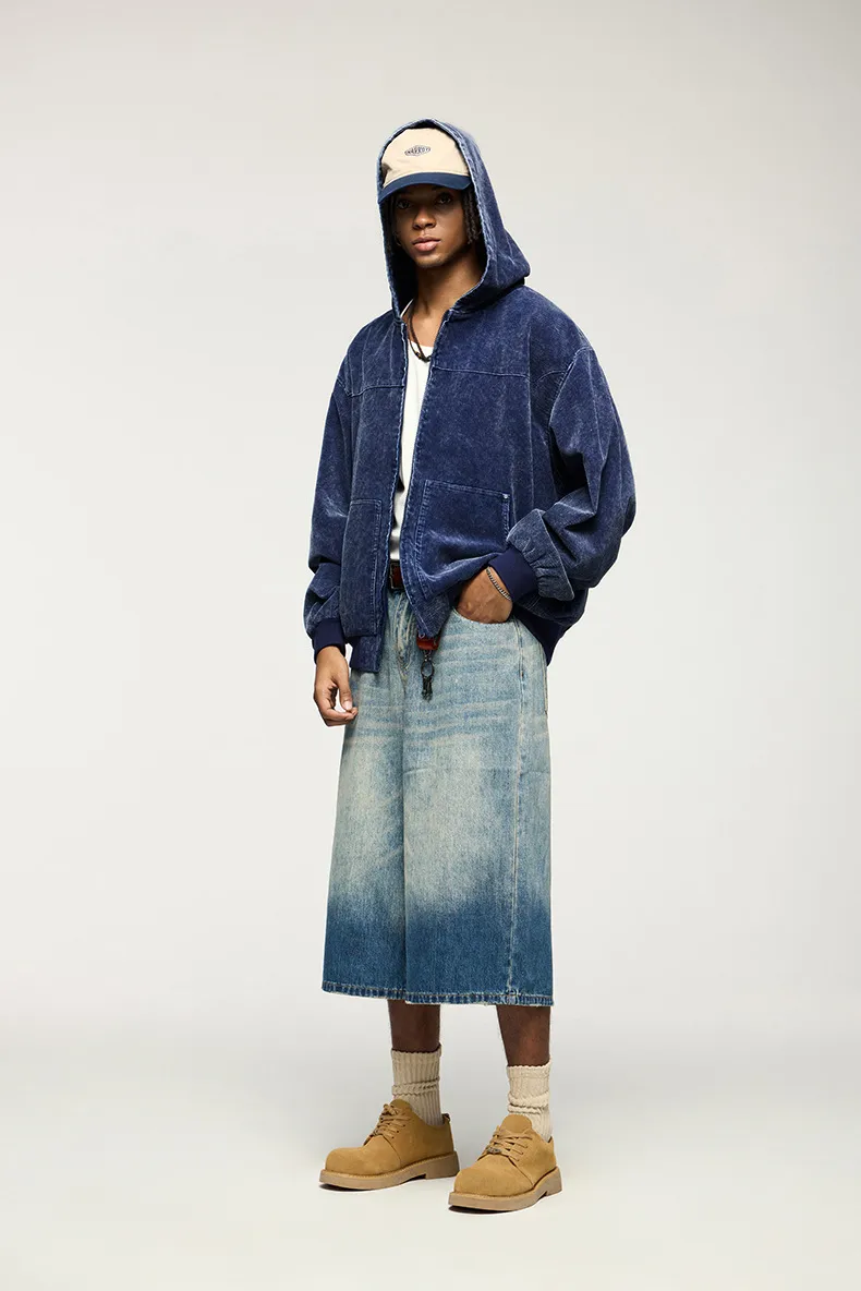 Inf Men's Wear | Washed Corduroy Hooded Jacket  Autumn And Winter New Trendy Brand Short Jacket Cardigan Sweatshirt display picture 2