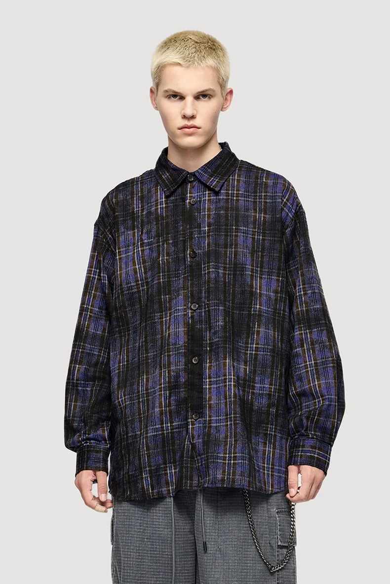 INF Men's Wear | Dirty Dyed Plaid Shirt  Fall/Winter New Waste Soil Wind Dirtyfit Loose Plaid Shirt display picture 3