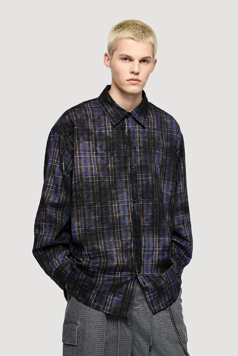 INF Men's Wear | Dirty Dyed Plaid Shirt  Fall/Winter New Waste Soil Wind Dirtyfit Loose Plaid Shirt display picture 4