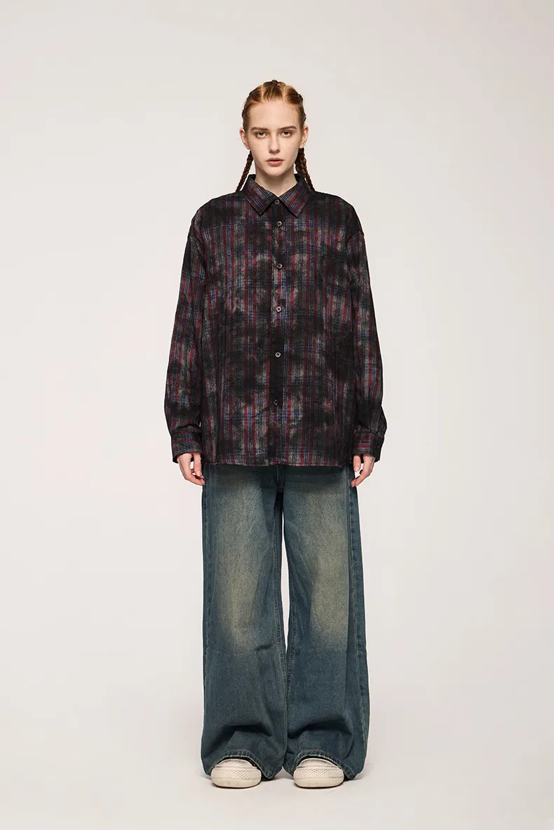 INF Men's Wear | Dirty Dyed Plaid Shirt  Fall/Winter New Waste Soil Wind Dirtyfit Loose Plaid Shirt display picture 6