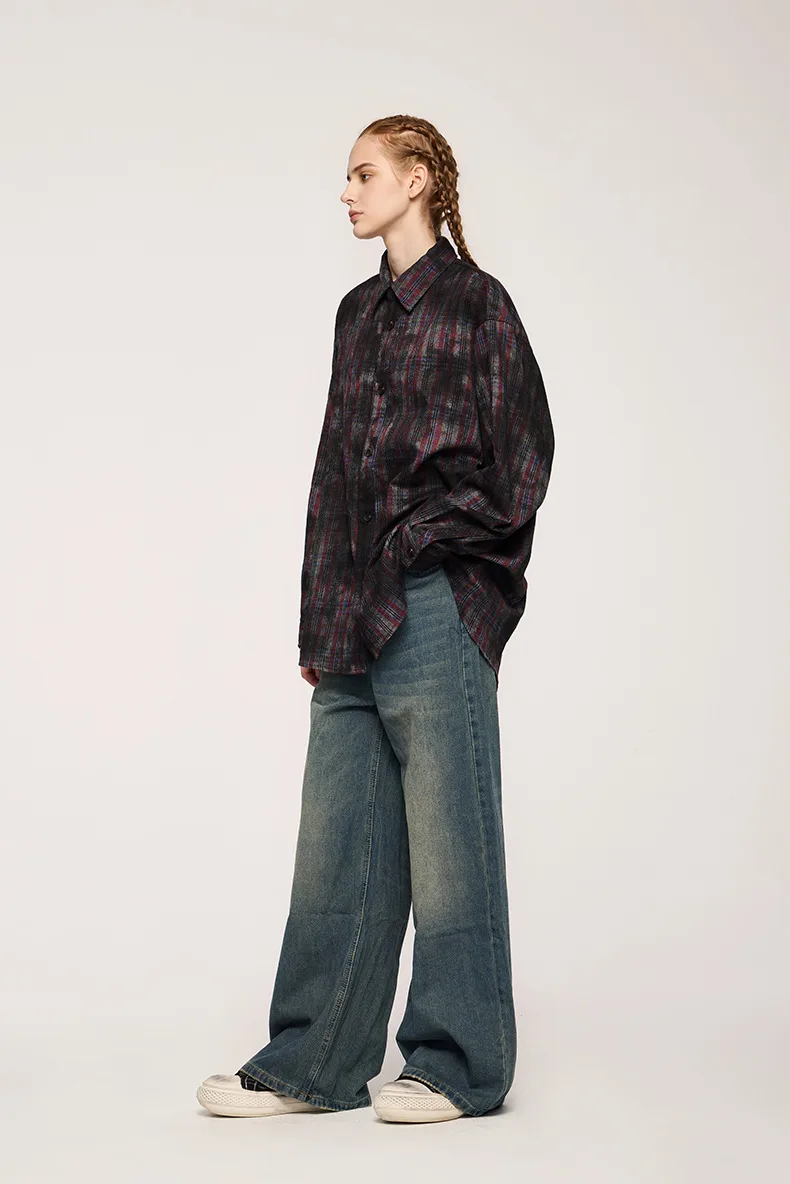 INF Men's Wear | Dirty Dyed Plaid Shirt  Fall/Winter New Waste Soil Wind Dirtyfit Loose Plaid Shirt display picture 7