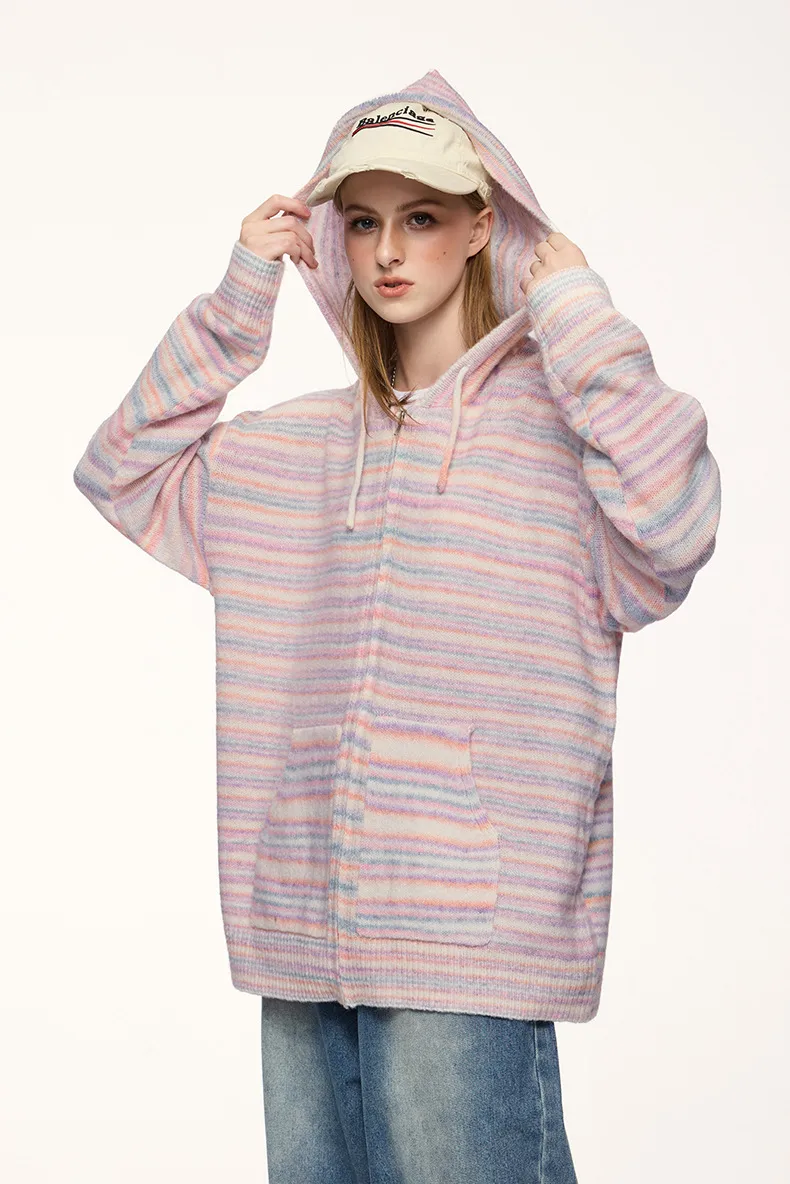 Inf Men's Wear | Striped Hooded Woolen Cardigan  Autumn And Winter New Street Contrast Color Jacket Retro Stripesd Top display picture 3