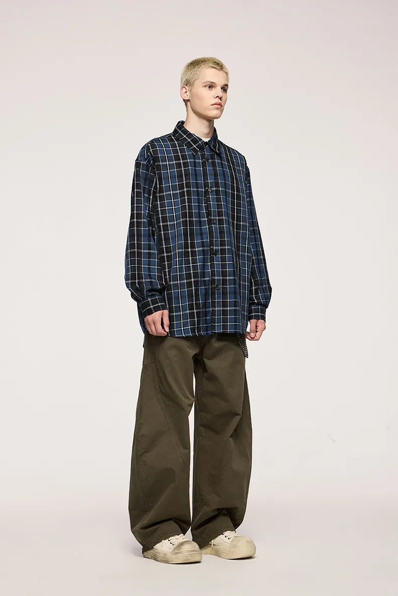 Inf Men's Wear | Blue And Black Plaid Shirt  Autumn And Winter New Trendy Brand American Style Cardigan Without Flap Pocket Pantss Can Be Worn Inside Or Outside display picture 2
