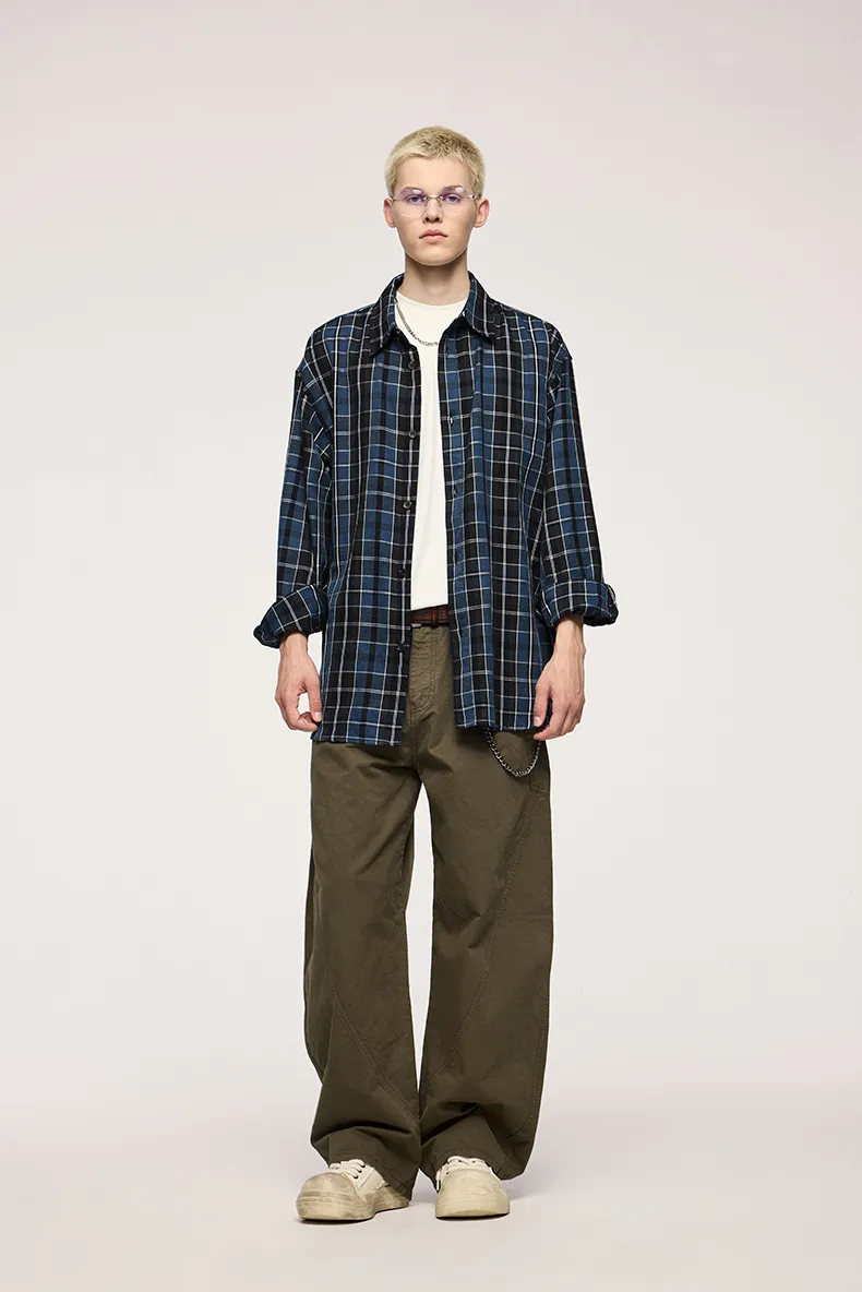 Inf Men's Wear | Blue And Black Plaid Shirt  Autumn And Winter New Trendy Brand American Style Cardigan Without Flap Pocket Pantss Can Be Worn Inside Or Outside display picture 3
