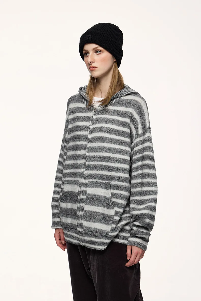 Inf Men's Wear | Striped Hooded Woolen Cardigan  Autumn And Winter New Street Contrast Color Jacket Retro Stripesd Top display picture 5