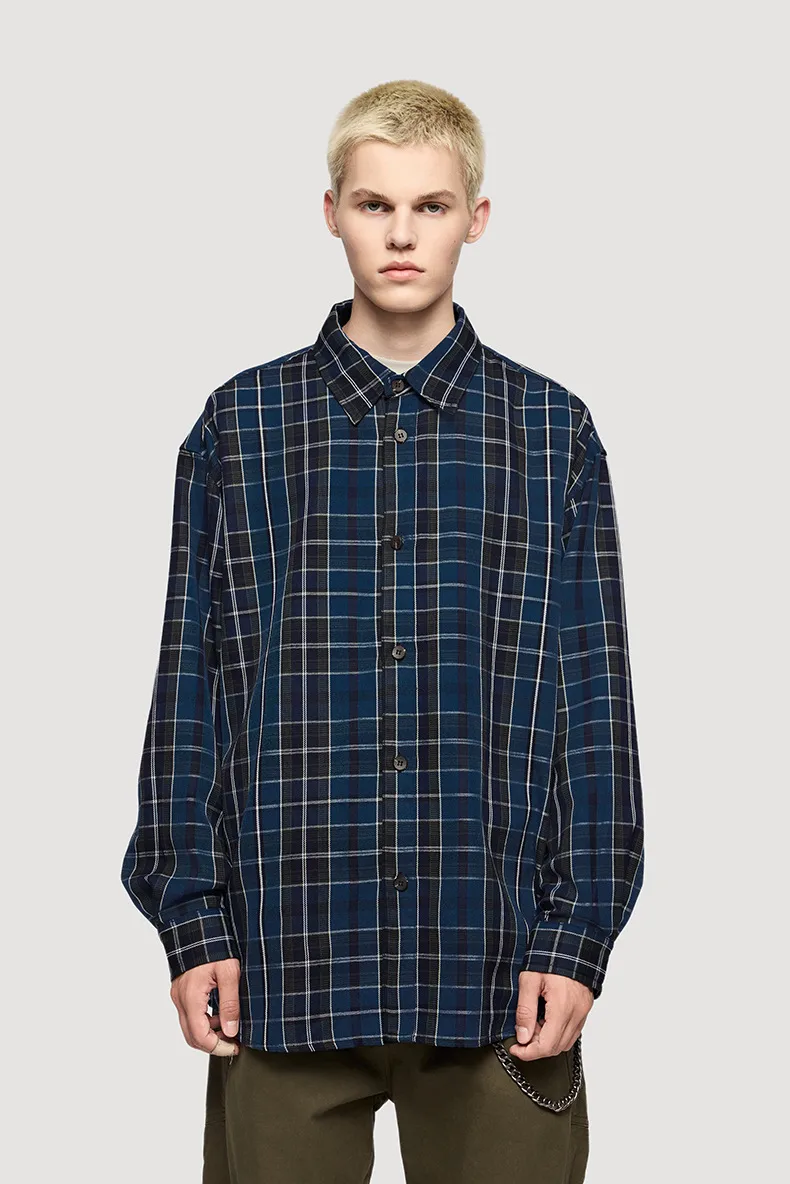 Inf Men's Wear | Blue And Black Plaid Shirt  Autumn And Winter New Trendy Brand American Style Cardigan Without Flap Pocket Pantss Can Be Worn Inside Or Outside display picture 4