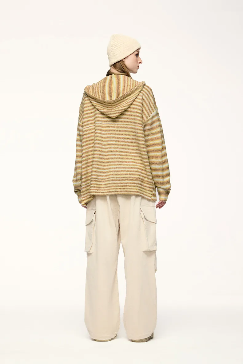 Inf Men's Wear | Striped Hooded Woolen Cardigan  Autumn And Winter New Street Contrast Color Jacket Retro Stripesd Top display picture 8