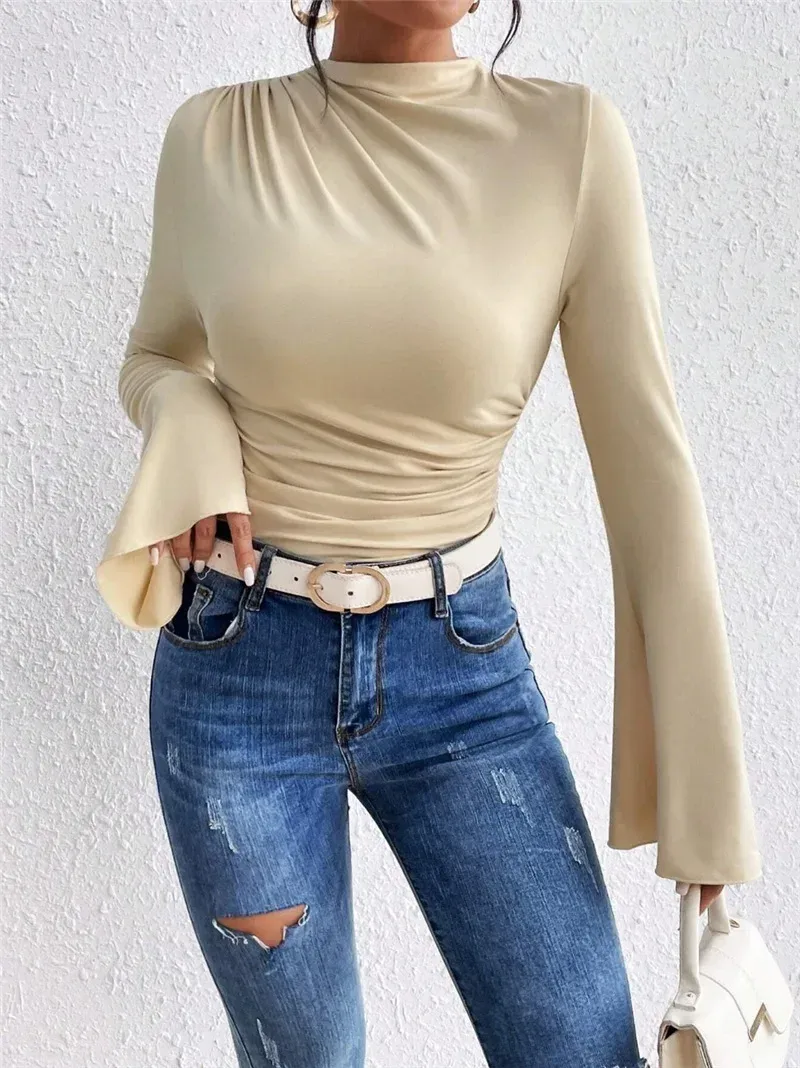 Autumn And Winter New All-match Pleated    Design Sense Horn Sleeve Collar Slim T-shirt display picture 6
