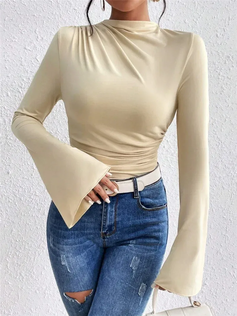 Autumn And Winter New All-match Pleated    Design Sense Horn Sleeve Collar Slim T-shirt display picture 7