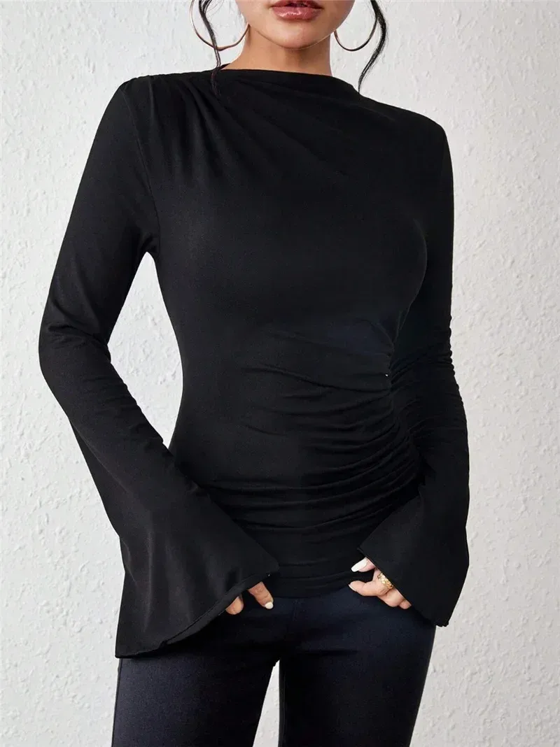 Autumn And Winter New All-match Pleated    Design Sense Horn Sleeve Collar Slim T-shirt display picture 10