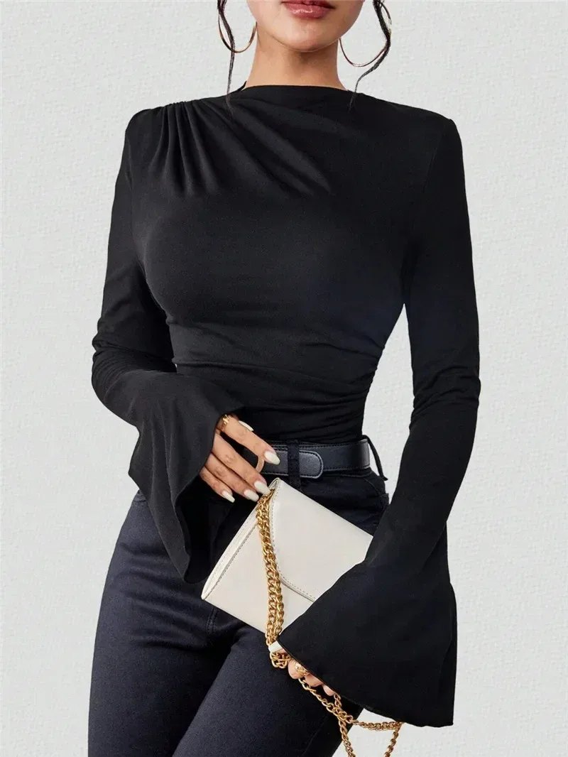 Autumn And Winter New All-match Pleated    Design Sense Horn Sleeve Collar Slim T-shirt display picture 12